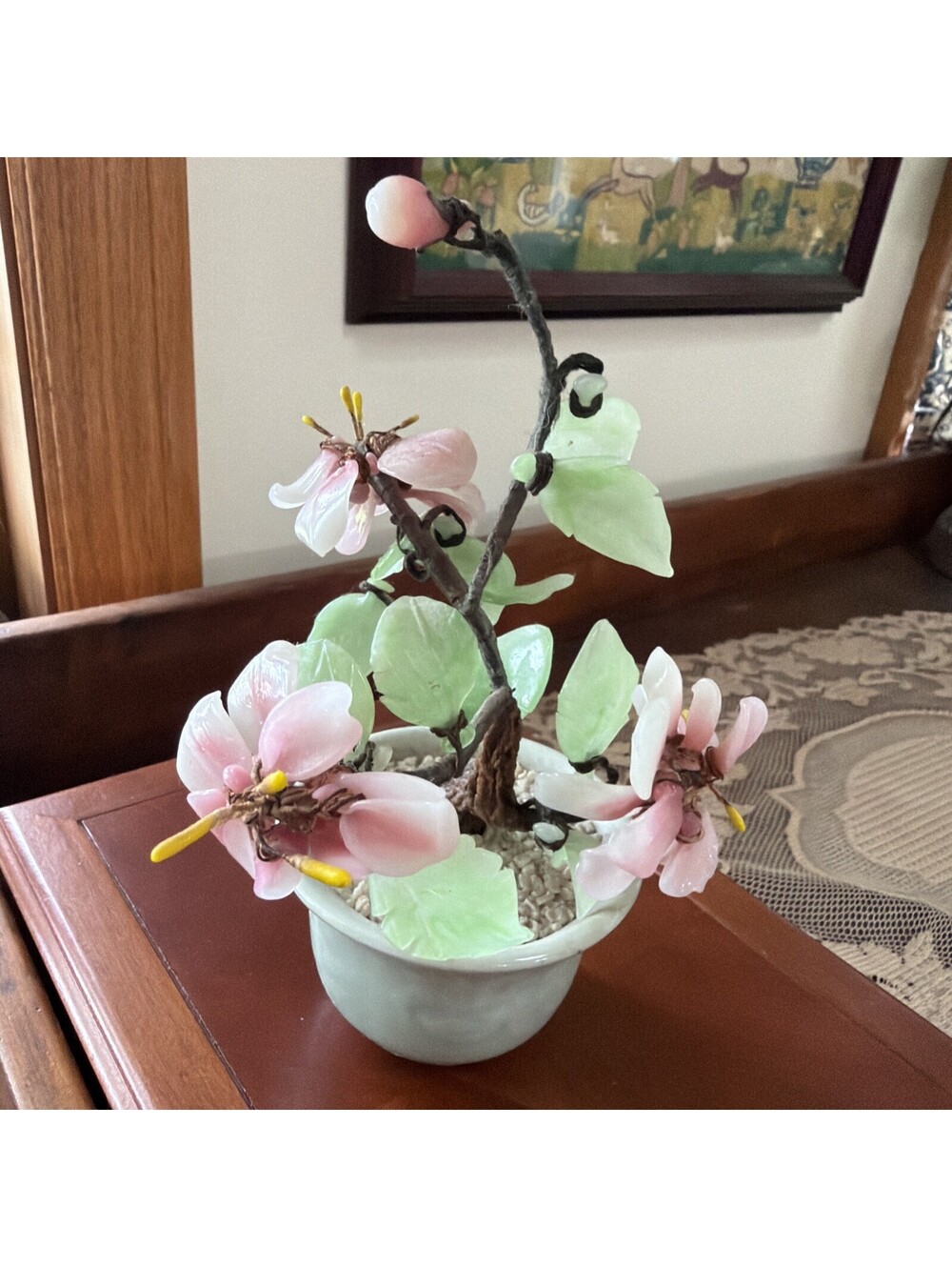 Vintage Chinese Jade Glass Bonsai Tree Pink Cherry Blossom 8” Flower Celadon Pot - Picture 6 of 10